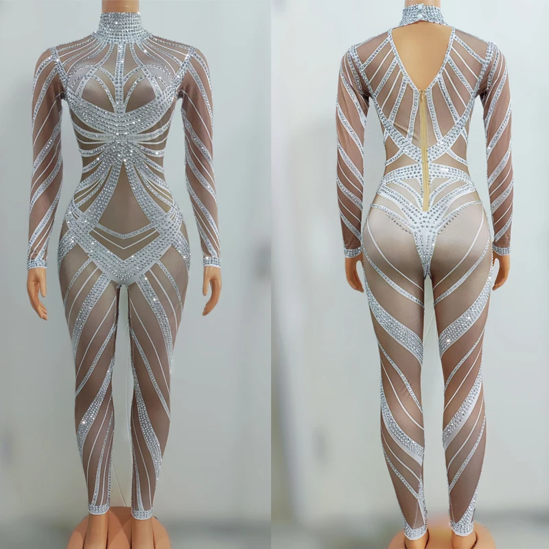 

Bright Long Sleeved Rhinestones Jumpsuit Women Jazz Clothing Nightclub Ds Dj Party Gogo Dance Costume Festival Outfit XS7263