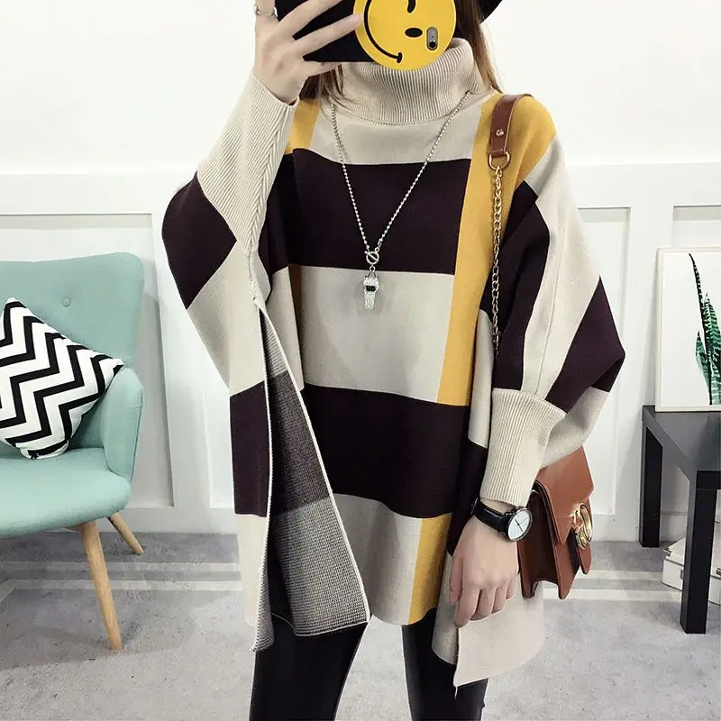 High Neck Cape Coat Women Autumn and Winter Mid length Korean Casual Sweater Pullover Bat Sleeve Knitwear Sweater Poncho Women