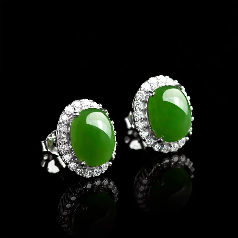 Spinach Green Natural Old Material Hetian Jade Large Oval Women, S925 Silver Inlaid Drop Earrings