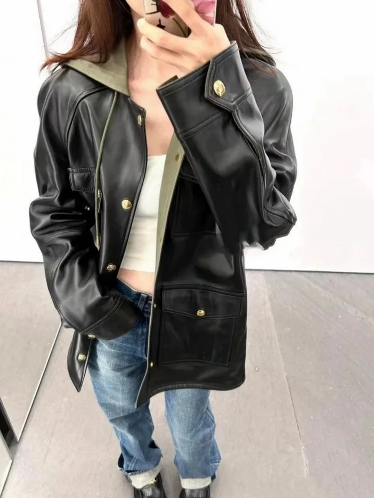 Boyfriend Style Women Autumn Loose Fit Mid Long Hooded Work Trench Coat Real Sheepskin Genuine Leather Jacket Pocket Windbreaker