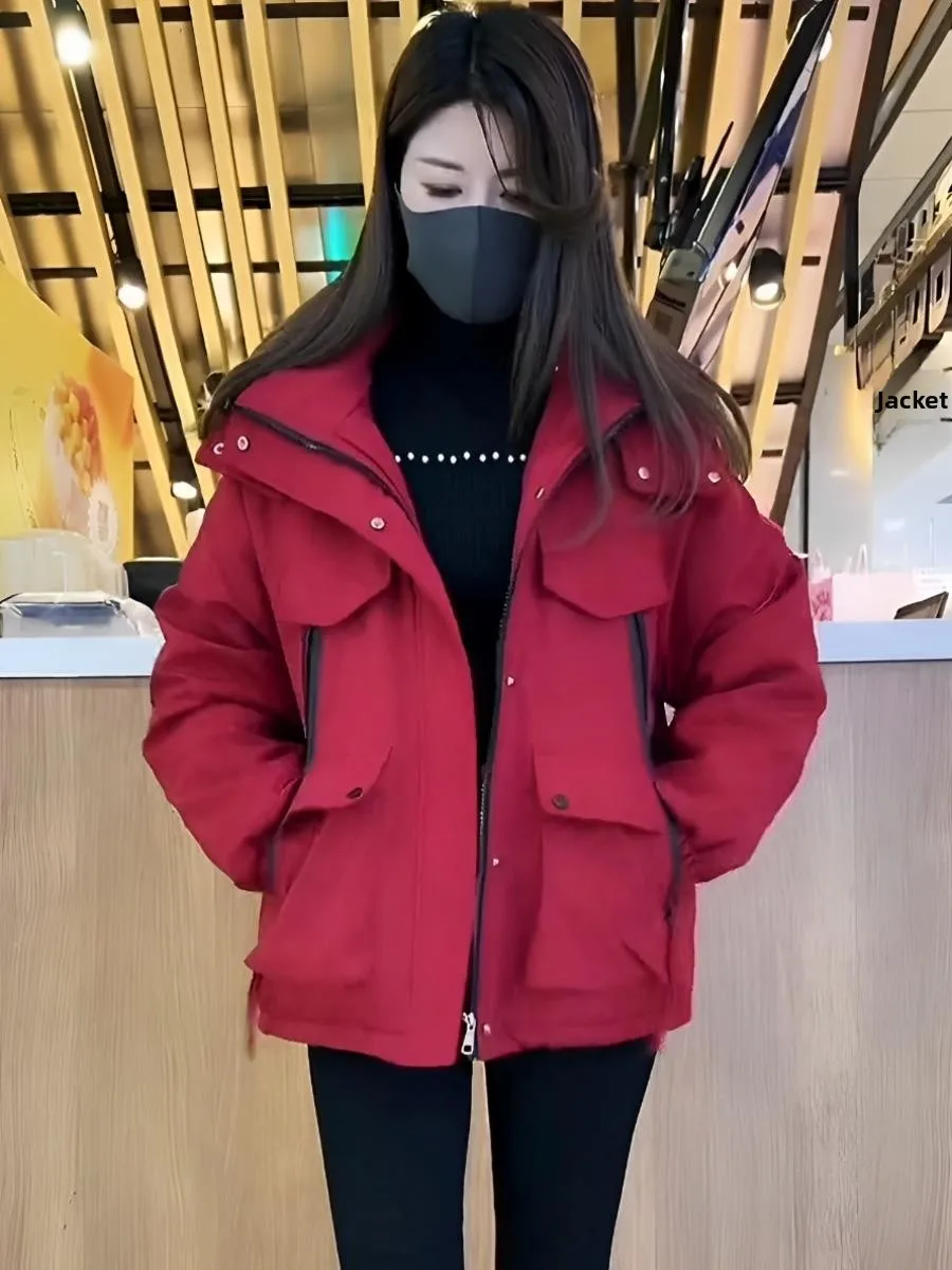 

Korean Style Pure Color Fleece Lined Hooded Jacket Women's Winter Thickened Loose Workwear Cotton Short Coat Zipper Pocket