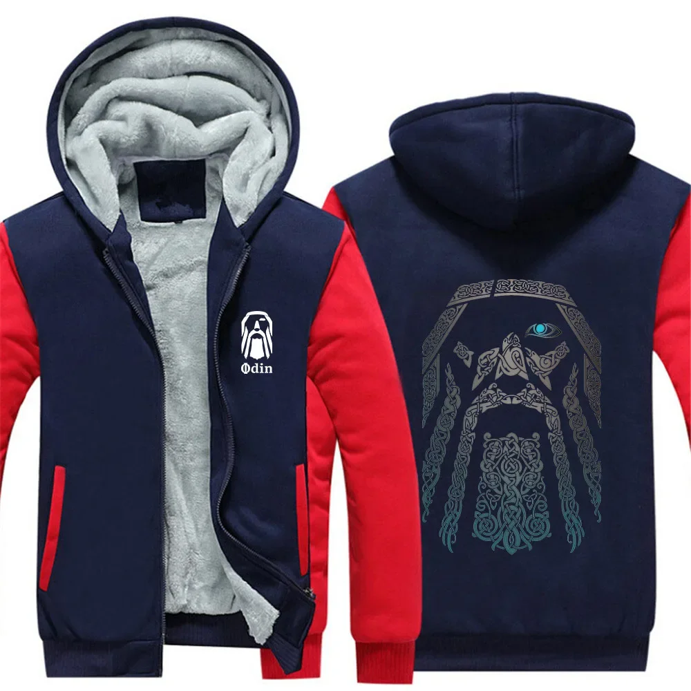 2024 Autumn Winter Men's Vikings Odin Warrior Legend Logo Printed Cardigan Windproof Warm Casual Thickened Zipper Hooded Hoodies