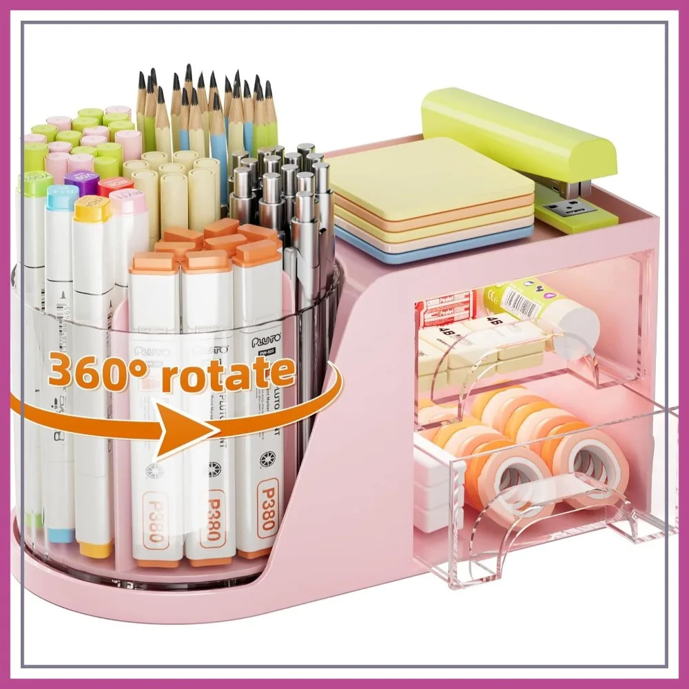 

360° Rotating Desk Organizer with 2 Drawer, 6 Slots Pen Holder, Art Supply Storage Box for Office (Pink)