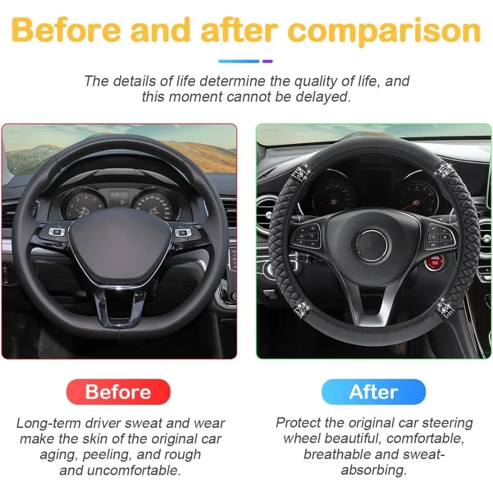 Capa de volante de carro brilhante, protetor de volante elástico de couro macio com strass de 15 polegadas