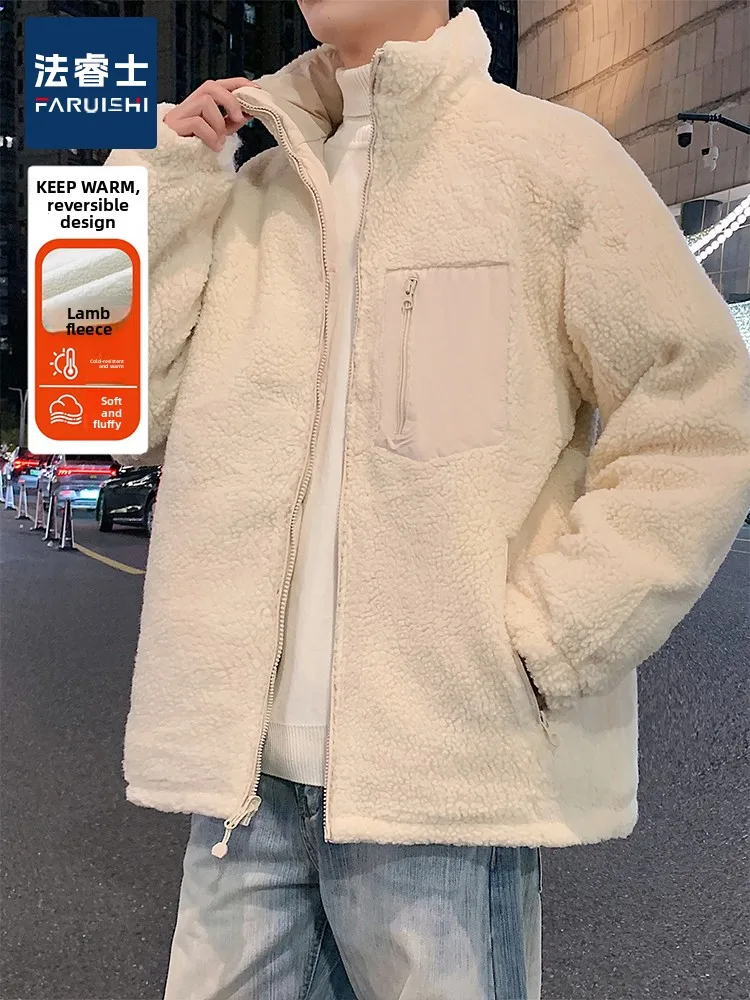 

2026 New Men's Thickened Lamb Velvet Cotton Jacket Winter Warm Stand Collar Double-Sided Wear Cotton Top Youth Fashion