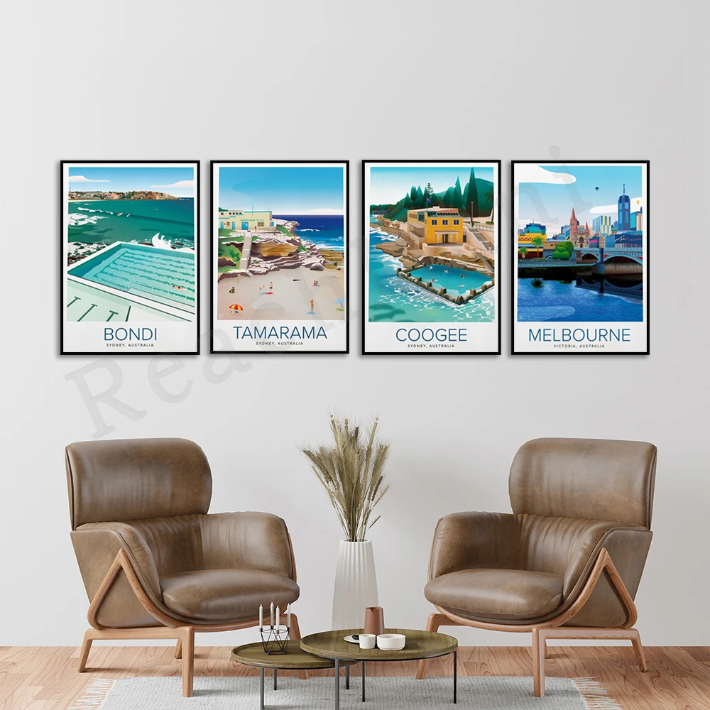Melbourne City Flinders Station, Bondi Sydney, Coogee Beach, Tamarama Beach, Oriental Bay Wellington New Zealand travel poster - Image 2