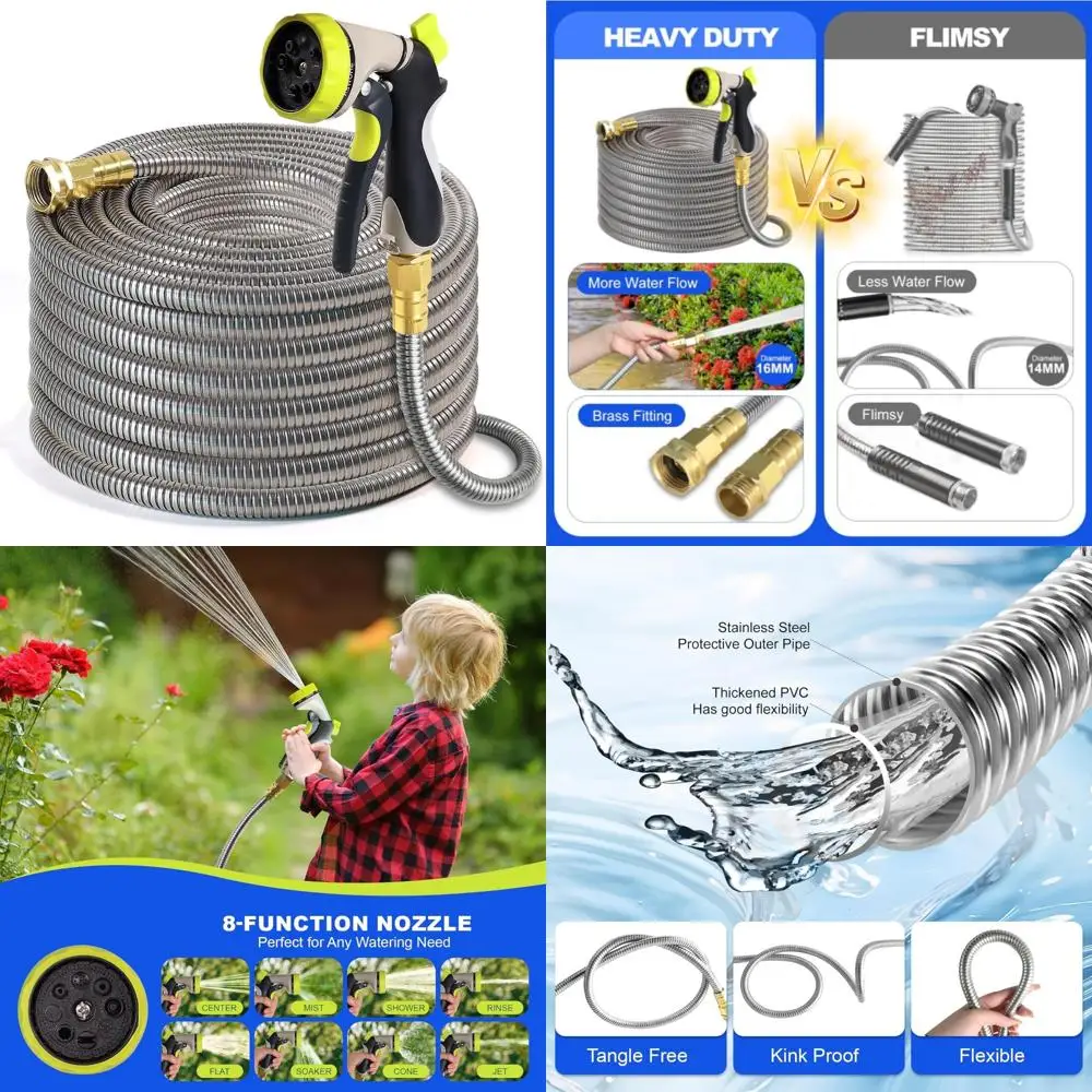 

Stainless Steel 100ft Garden Hose with Nozzle Sprayer - Flexible, Lightweight, Kink-Free, Durable Water Hose for Outdoor Use