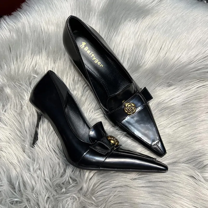 

New Camellia High Heels for Women with Thin Heels, Small Square Head, Sensual Style, Small Leather Shoes, Commuting Single Shoes