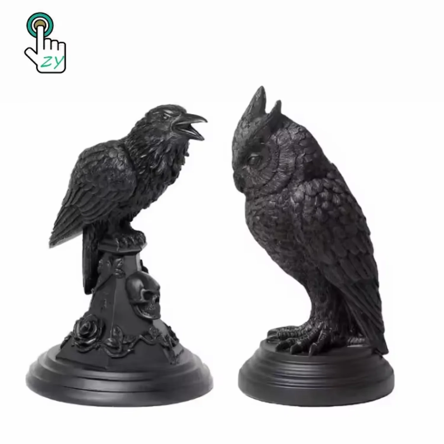 Retro Gothic Black Crow Halloween Statue Owl  Room Decoration Resin Sculpture Craft Ornament Candle Holder