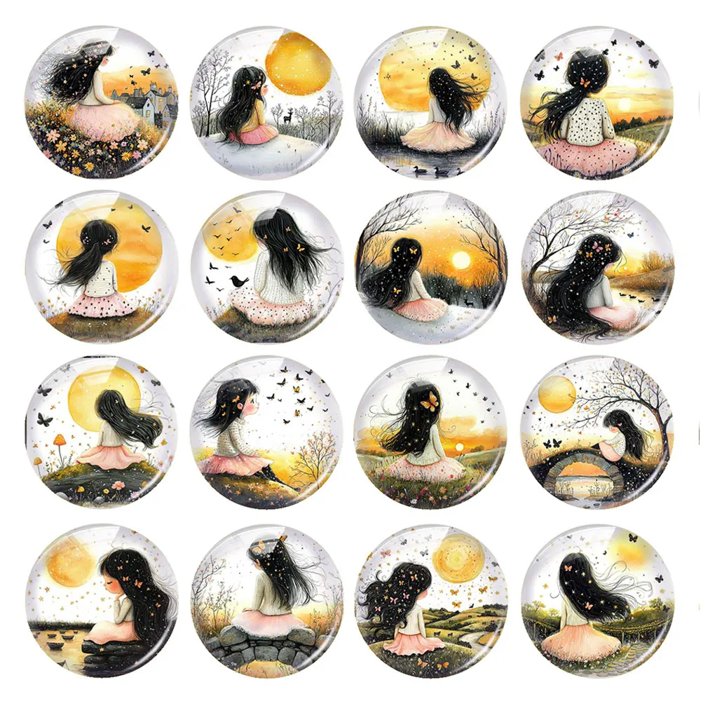 Random Mixed Round/Oval/Square Dusk Moon Butterfly Girl Golden Photo Glass Cabochon Flatback Demo Cameo For Diy Jewelry Making