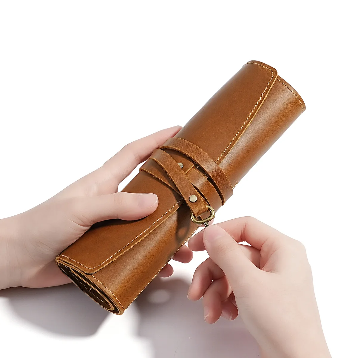 Roll Up Genuine Crazy Horse Leather Travel Pencil Case Artist Pen Organizer Pouch Multi Purpose Gadget Small Tools Holder Bag
