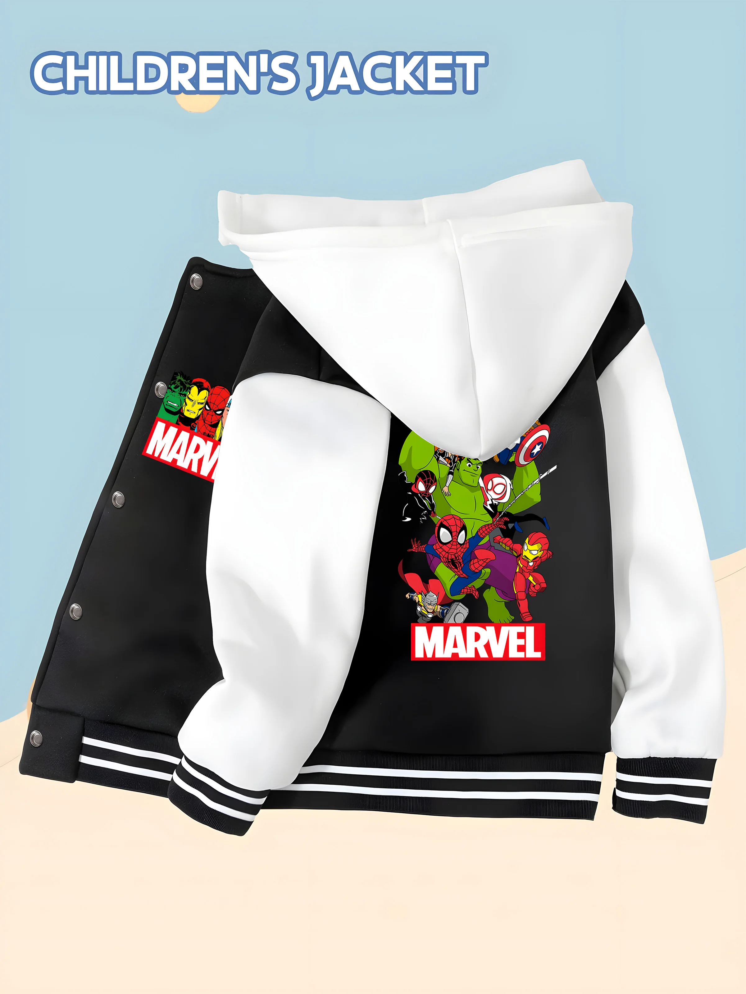 

MINISO Baseball hooded Jacket - Avengers Heroes Assemble Print, Double-sided pattern design, soft and comfortable fabric, fashio