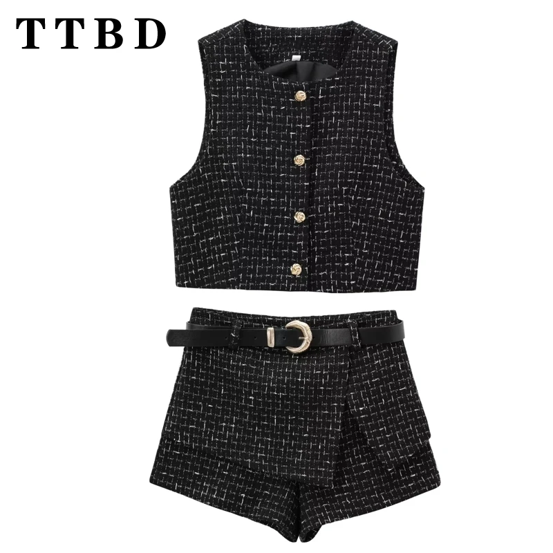 TTBD 2024 Autumn New Woman's Vintage Sleeveless Shorts Set Leisure suit Fashion Female Black O-Collar Waistcoat Two-piece Gilet