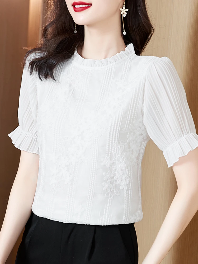 Long Sleeve Blouse Women White Lace Chiffon Blouse Shirt Tops Women Blusas Mujer De Moda 2024 Blouses Shirts Blusa Camisas E159