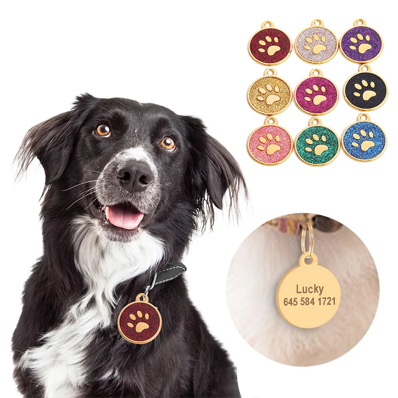 Personalized Pet Tags Free Engraving Dog Tag Medal Anti-Lost Dogs Name Id Puppy Pendant Pets Paw Glitter Collar Dog Accessories