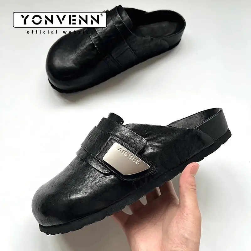 Washed horse leather Muller shoes for men with a lazy and metallic design Birken slippers for outdoor leisure