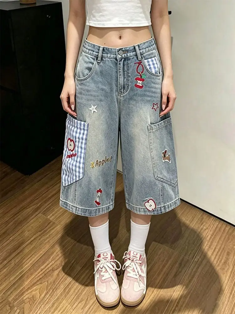 Apple plaid embroidered seven-point jeans women's summer thin lazy wide-leg straight tooling shorts trendy middle pants