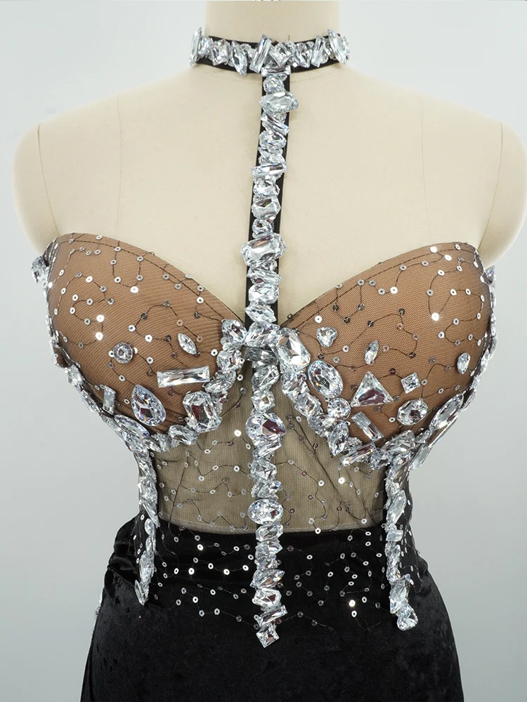 패션 섹시한 반짝 이는 검은 스팽글 저녁 크리스탈 드레스 여성 우아한 저녁 클럽 파티 여성 가수 공연 의상