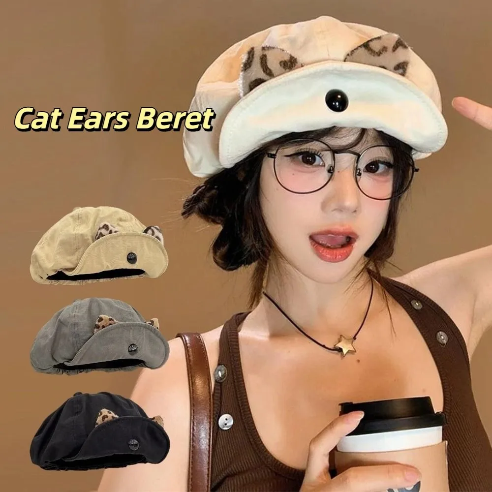 

Ins Vintage Cat Ears Beret Y2k Leopard Painter Berets Versatile Flipped Brim Beanie Cap Girls