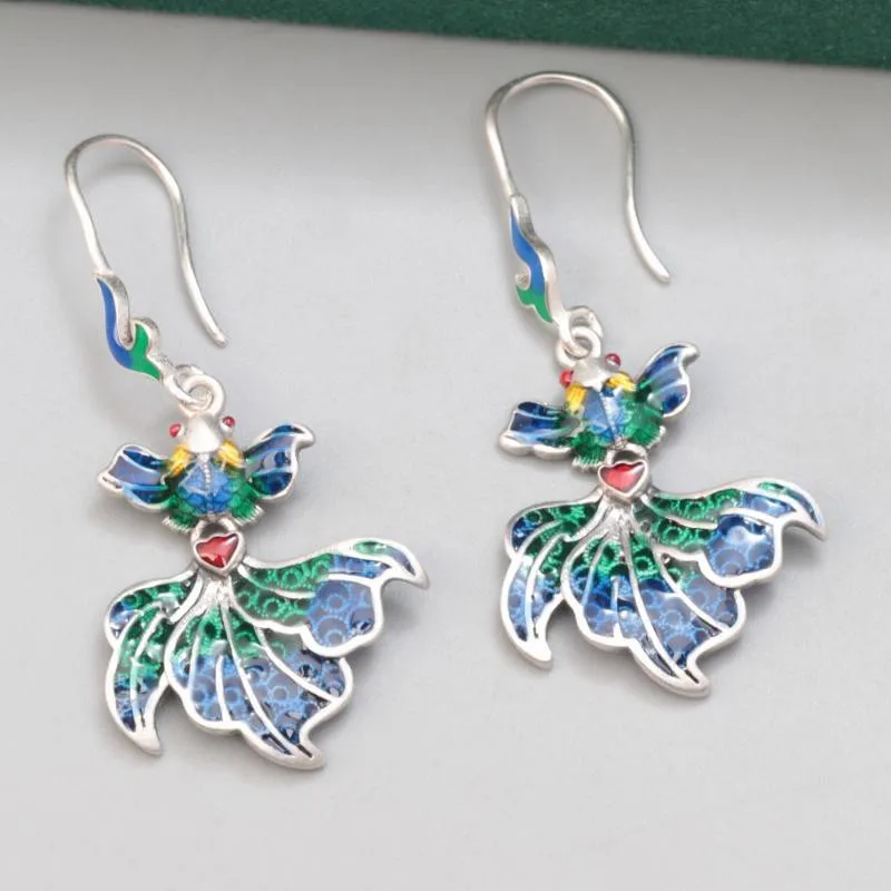 

Langyan 925 Sterling Silver Enamel Goldfish Hanging Earrings Vintage Ethnic Colorful Long Earrings Women Jewelry Wholesale EH247