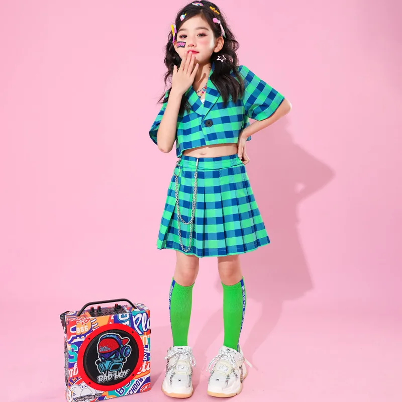 女の子用半袖ブレザーとプリーツミニスカートのセット,ヒップホップの服,緑のチェック柄のジャケット,ジャズダンスの衣装,キュートな服