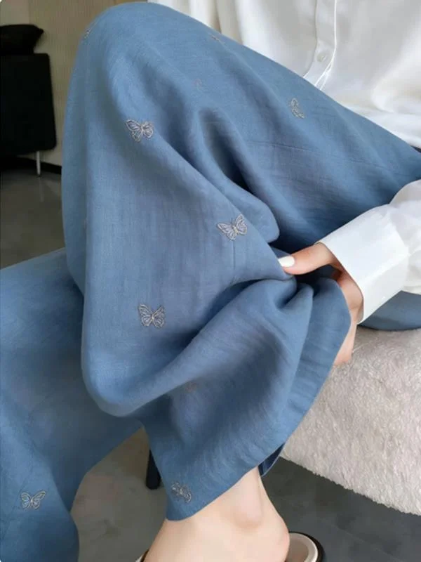 

Misty Blue Embroidered High Waist Loose Straight Leg Pants Women's Summer 2026 New Style Casual Long Trousers for Commuting