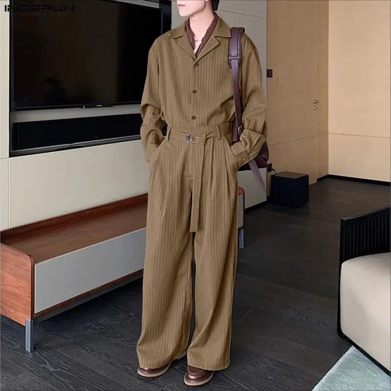 

INCERUN Men Sets Striped Lapel Long Sleeve Shirt & Pants Two Pieces Sets Loose Streetwear 2025 Fashion Men's Casual Suits S-5XL