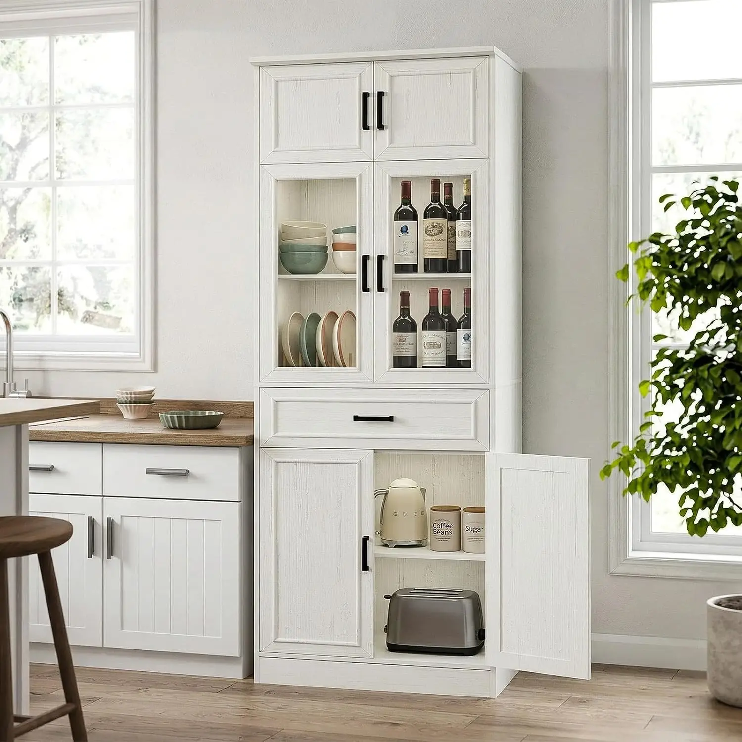 Tall Kitchen Pantry Cabinet Glass Door & Drawer, Adjustable Shelves Storage Cupboard Kitchen Living Room Bath 80