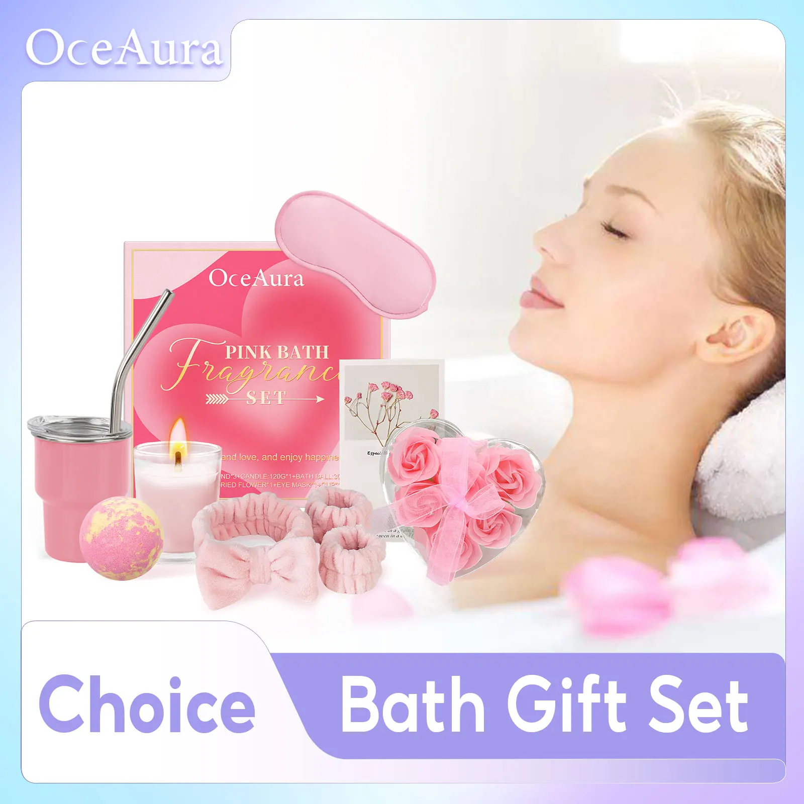 

9 Piece Pink Bath Fragrance Set Contains Bath Bombs Hair Band Cup Scented Candle Etc Clean Body Relaxing Bath Kit for Woman Gift