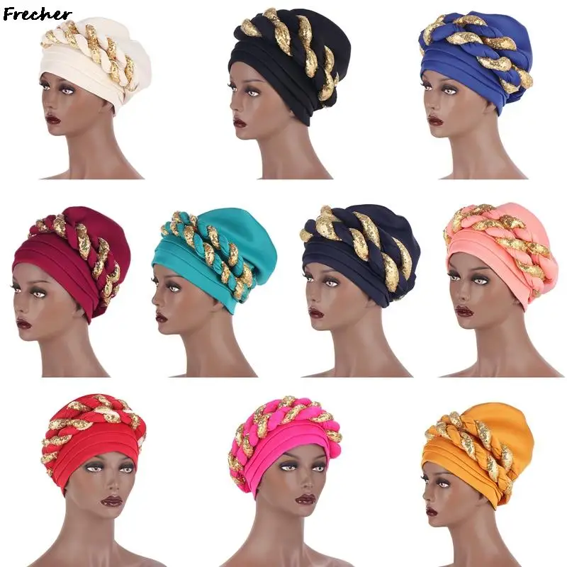 Arab Wrap Muslim Scarf Hijabs African Hats Headtie Sequin Braid Hat Women Pleated Beanie Headwrap Hair Cover Party Turban New