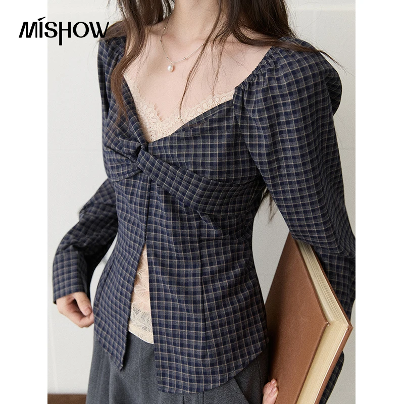 MISHOW Plaid Twist‑Front Blouse 2026 Autumn V-Neck Lace Splicing Split Hem Blouses Elegant Casual Tops Office Lady MXF43X2782