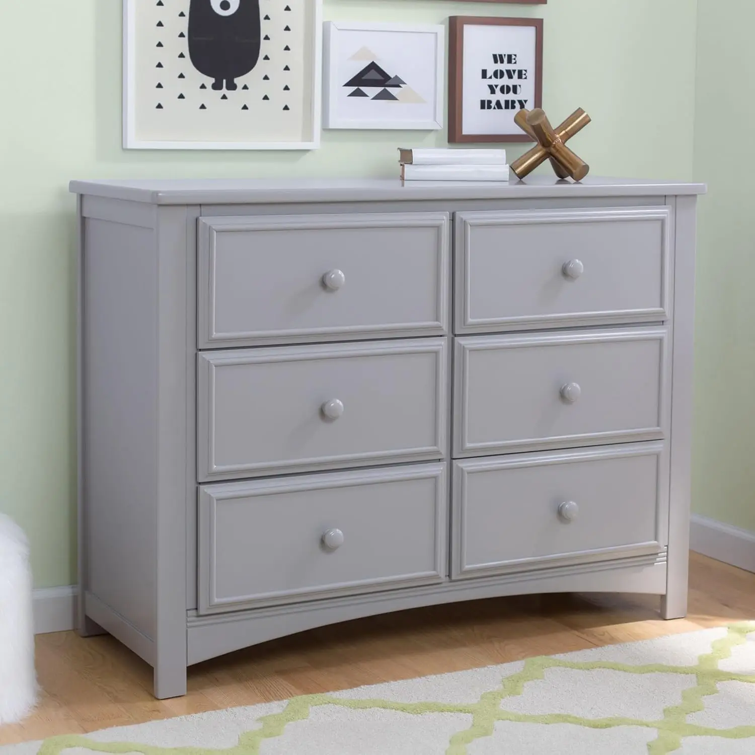 Unisex Nursery 6 Drawer Double Dresser With Interlocking Drawers - Greenguard Gold Certified, Grey