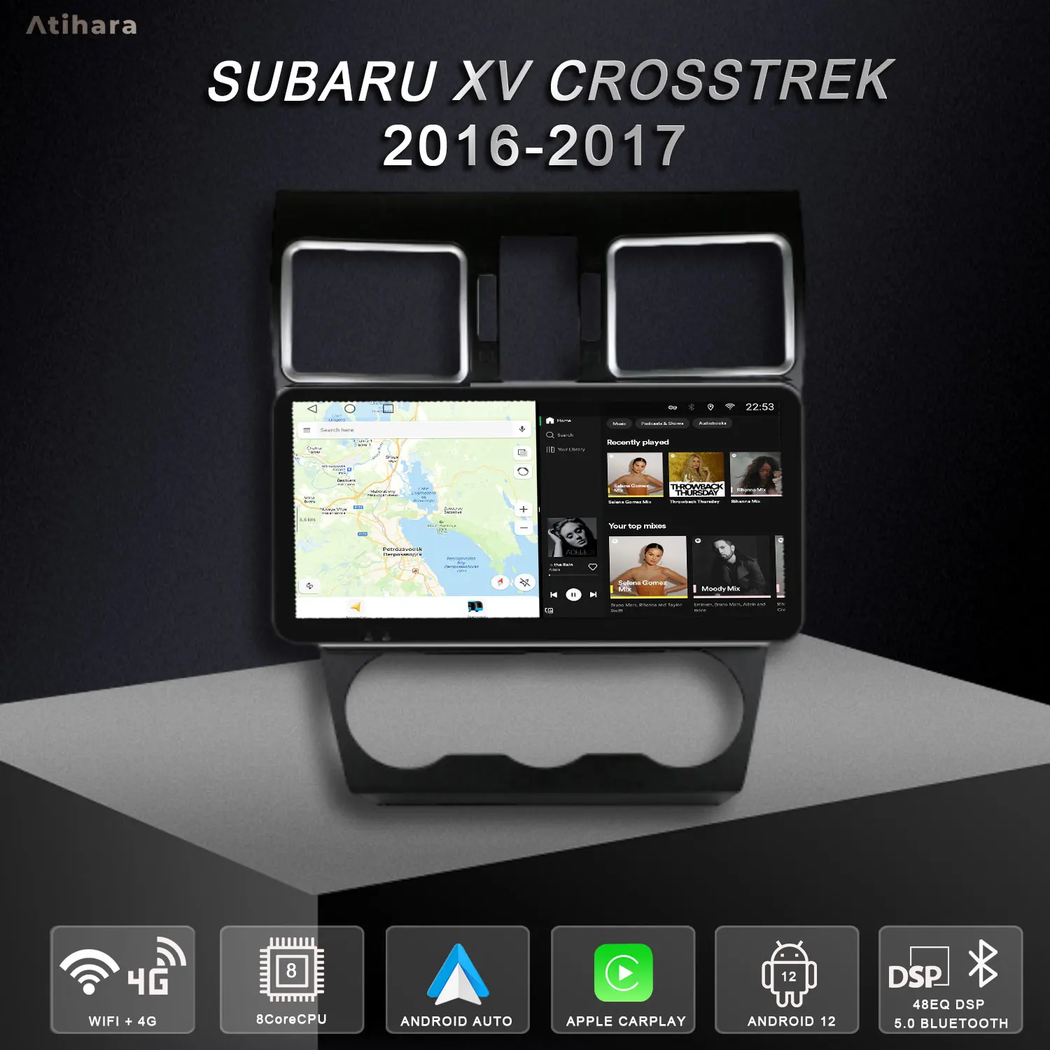 

Atihara 10.33" HD Car Radio Carplay Android Auto For Subaru XV Crosstrek 2016-2017, WIFI+4G AM/FM RDS Stereo DSP BT 5.0 Player