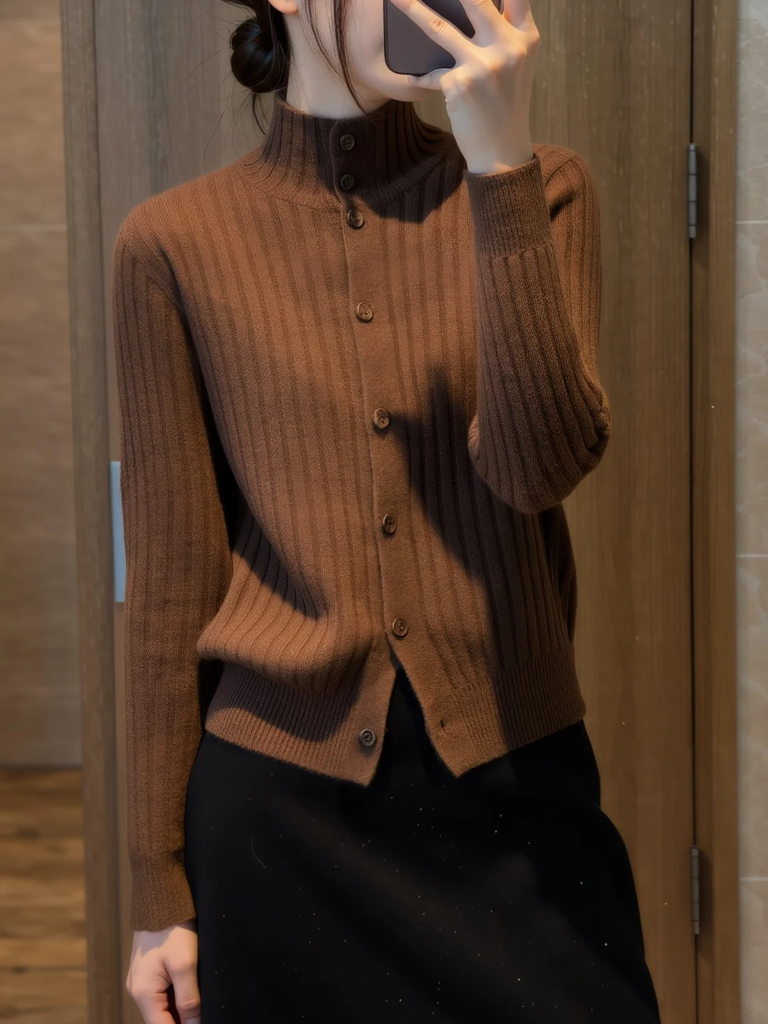 

Trendy Brown Knitted High Collar Single Button Open Cardigan Women's Slim Fit Commute Sle Long Sve Knitwear Coat
