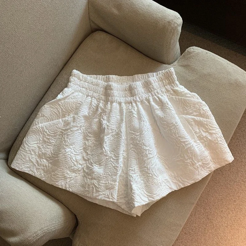 Short jacquard taille haute élastique pour femme, jambe large, poches, demi-pantalon, streetwear, noir, blanc, été, 2024