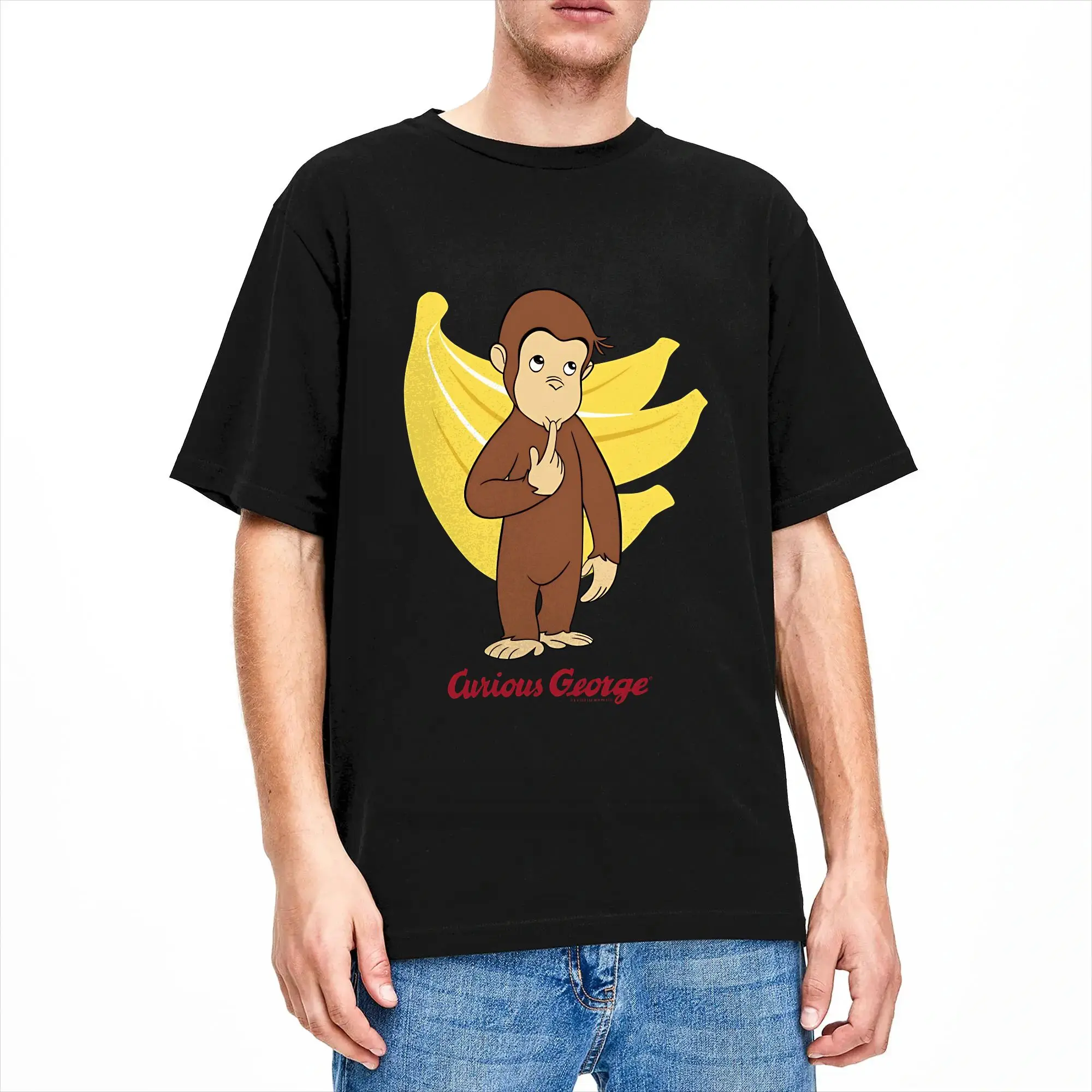 Men's Curious George Banana Bunch Logo T-Shirts Cotton Tops Summer Streetwear Short-Sleeved T Shirt Round Neck Casual Tee Shirt