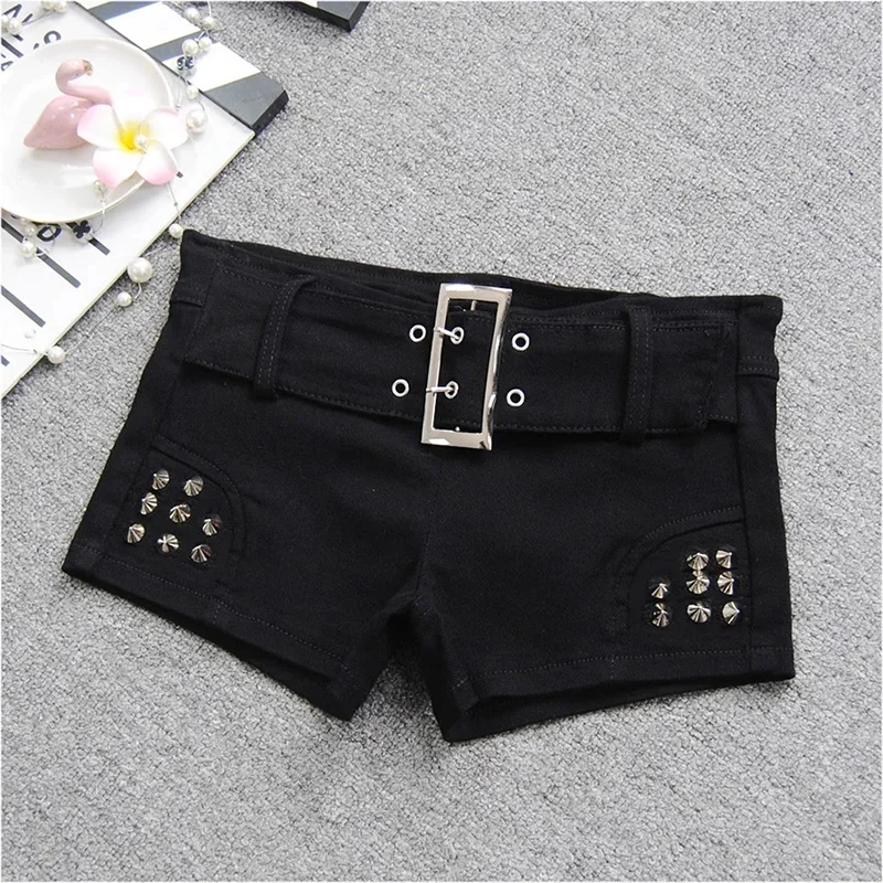 Black Sexy Low Waist Denim Shorts Women Fashion Studded Bead Rivet Nightclub Spicy Girl 2025 Summer New Slim Short Hot Pants