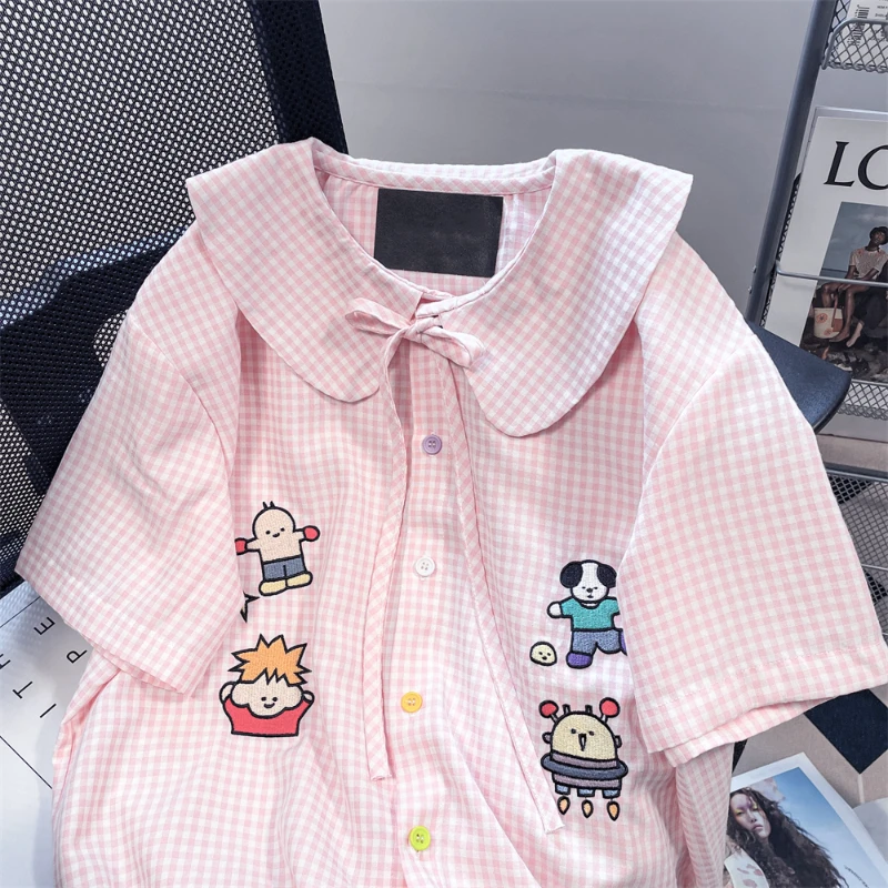 Japanese Sweet Cute Lolita Blouses Women Kawaii Cartoon Embroidery Plaid Lace Up Shirt Top Pan Collar Blusas Mujer Girl Clothing