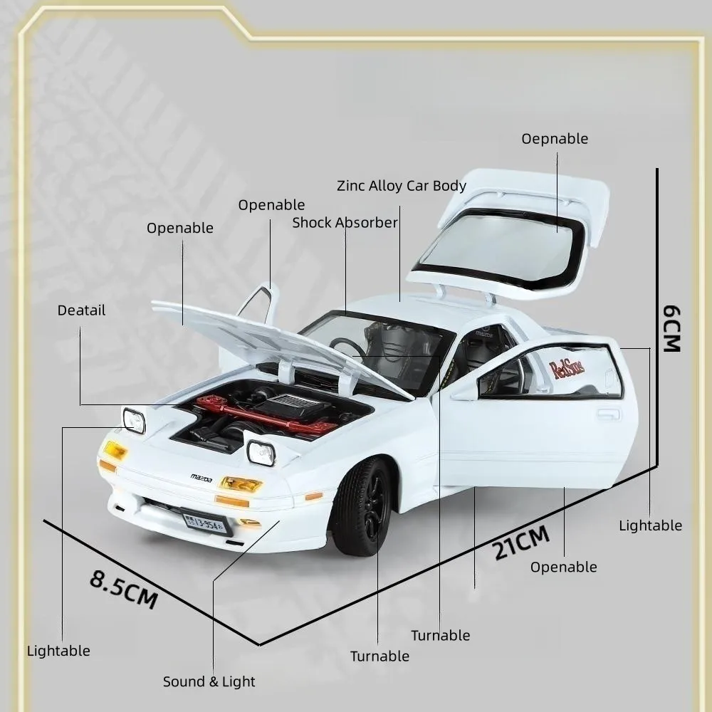 1/24 Mazda RX7 Initial D Racing Toy Car JDM Model 1:24 Diecast Meatl Vehicle Miniature Sound Light Collection Gift For Boy Kid