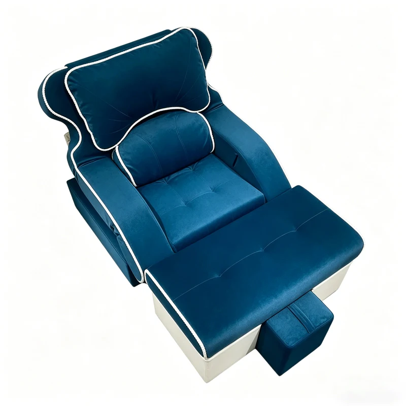 2026 Luxury Blue Velvet Pedicure Chair, Split Reclining Design with Footrest, Ideal for High-end Nail Salons and Spas.
