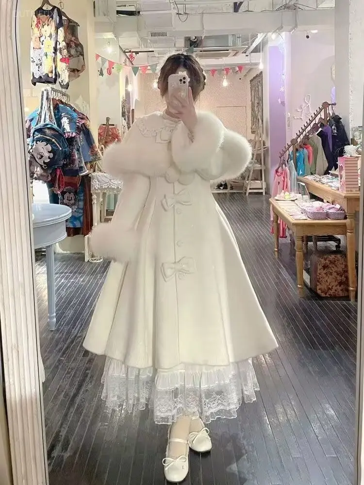 New Chinese Style Slim Waist Mid-length Dress Coat Women+ 2026 Heavy Y2k Winter Cloak Jacket Japanese Sweet Two Piece Sets