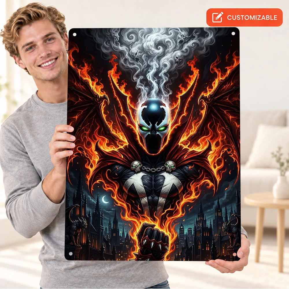 Spawn Surrounded By Hellfire Textured Metal Poster Personalized Aluminum Sign Comic Book Illustration Wall Art For Home Office