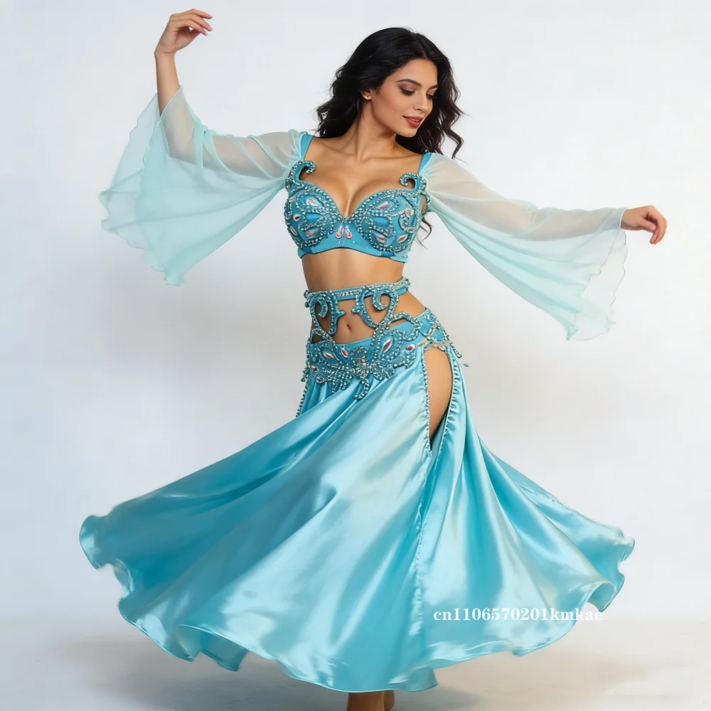 Bauchtanz-Auftritts-Kostüm für Frauen Elegantes Chiffon-Set mit Strass für Erwachsene Orientalisches Bauchtanz-Wettbewerbs-Outfit