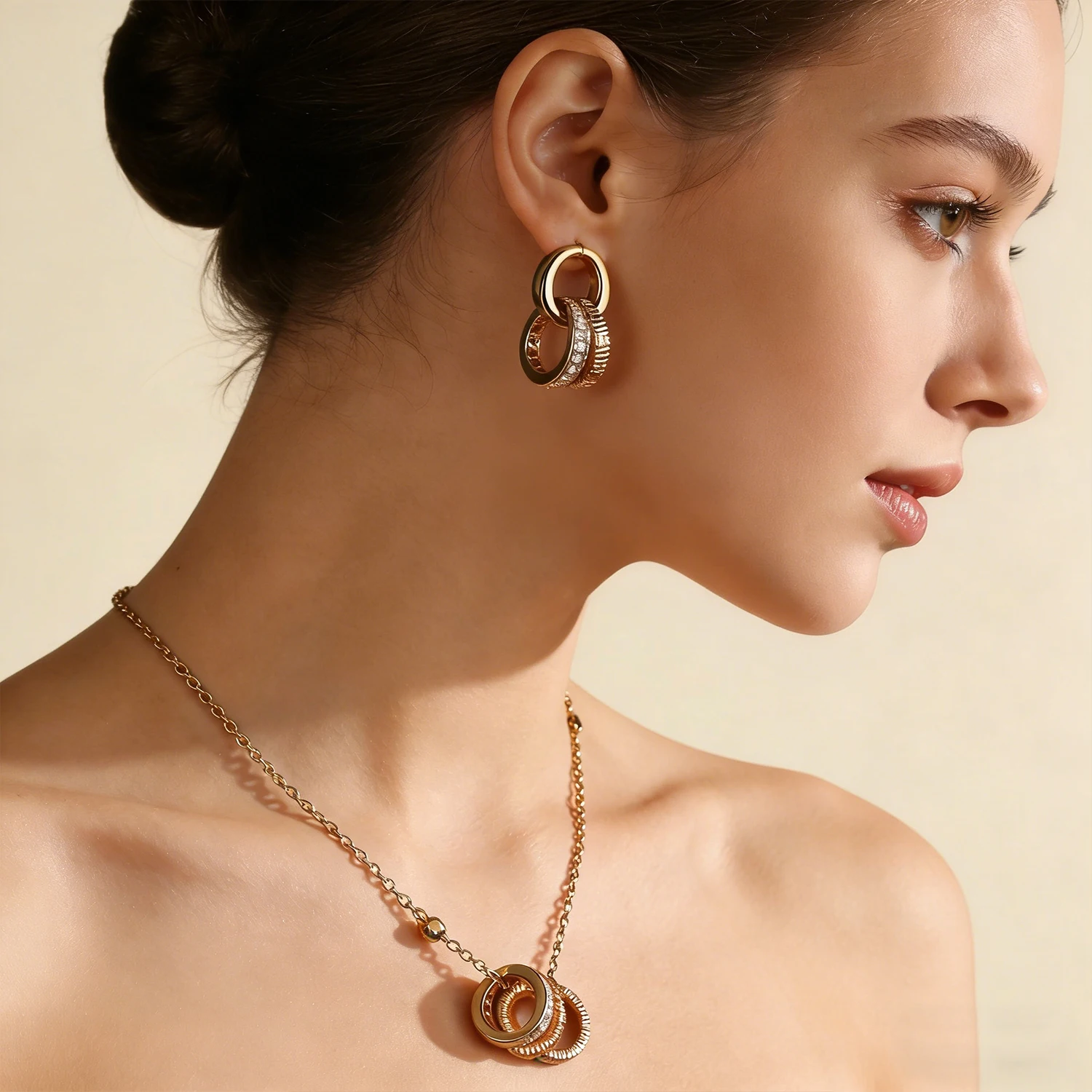 

Elegant CZ Interlocking Circle Necklace and Earrings Set - 18K Gold Plated Minimalist Jewelry for Women Daily Wear