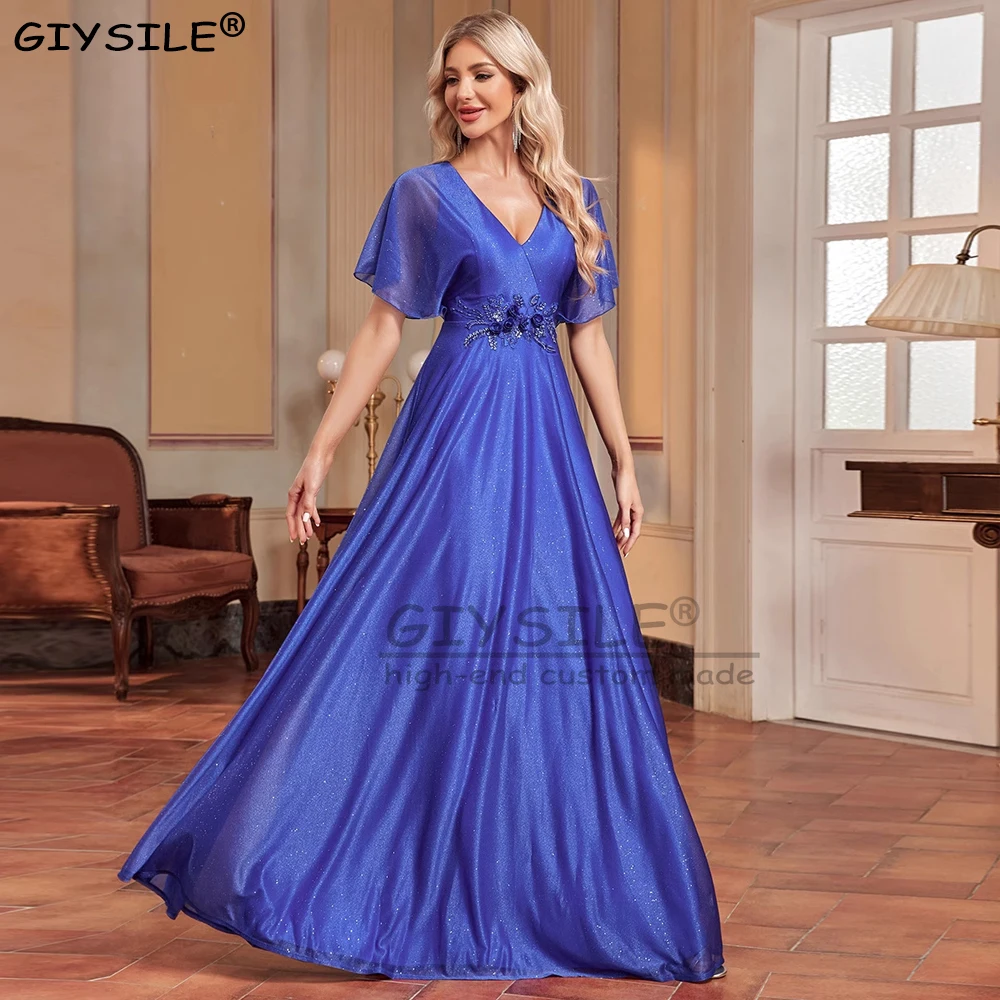 

GIYSILE Customized Evening Dresses 2025 New Flared Sleeve Evening Gown with Blue Decal and Slim Fit Bridesmaid Prom Party Dress