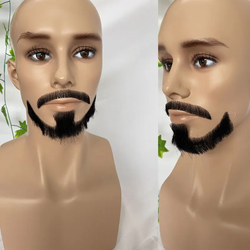 Barba curta artesanal real para homens, cabelo humano, barba invisível, renda suíça, barba falsa e bigode