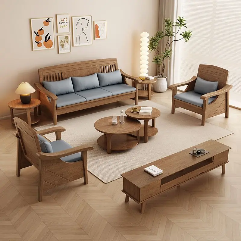 Log color ash wood sofa all solid wood sofa combination modern simple living room small apartment household wooden