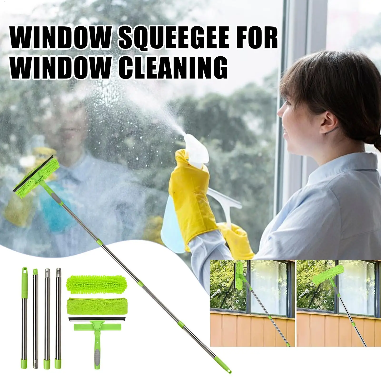 Window Cleaner Tool Household Window Washer Squeegee Kit 2 In 1 Brush Wiper With Extension Pole For Shower Glass Wall Tile