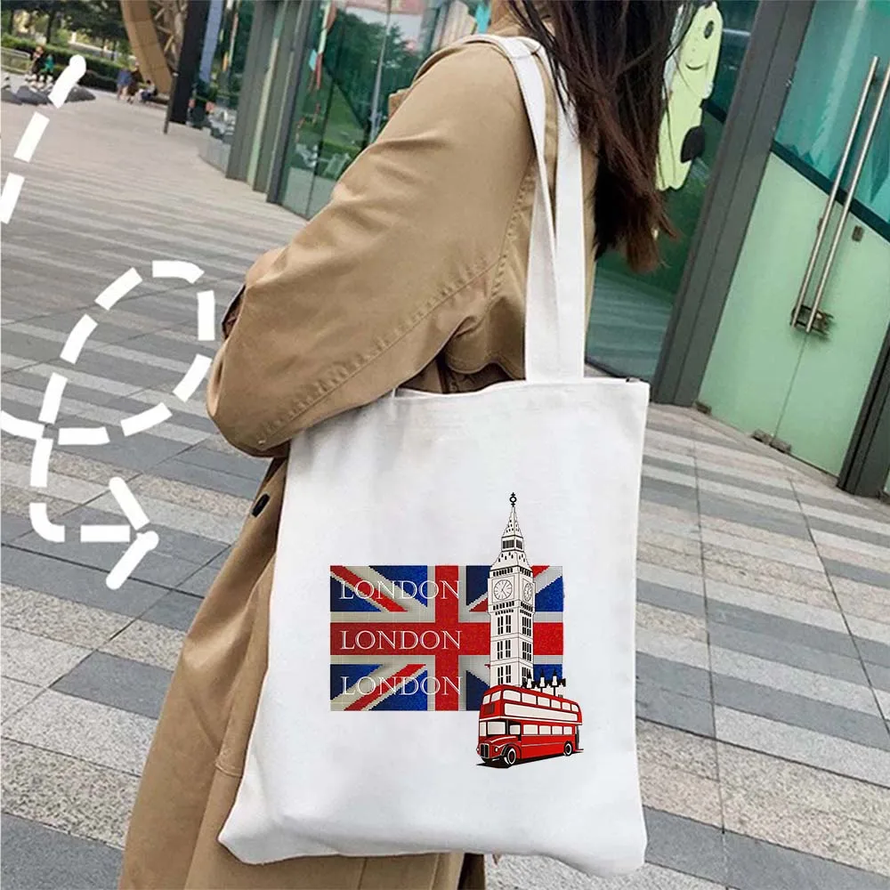 United Kingdom London England Flag Map Shopper Canvas Tote Bag Vintage Bus Big Ben Bridge Phone Booth Trip Travel Cotton Handbag