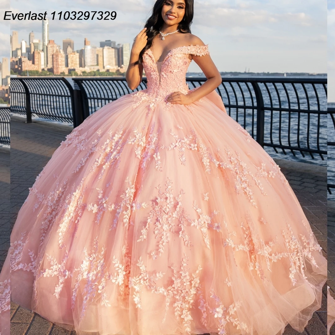 EVLAST блестящее зеленое платье Quinceanera бальное платье 3D Кружевная аппликация из искусственных бусин 16 Vestido De 15 Anos TQD451